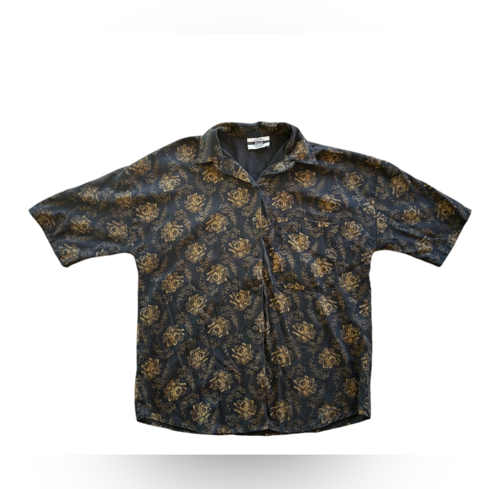 Vintage 90s Men's Black and Gold Patterned Shirt Floral Roses Button Up Collard